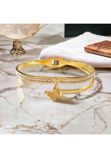 Zirkon Taşlı Kelebekli Çelik Kelepçe Bileklik - Vıp Serisi Gold Renk Lüks Takı Modası