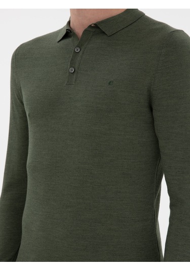 Cacharel Haki Slim Fit Yün Karışımlı Polo Yaka Basic Triko Kazak Yesıl