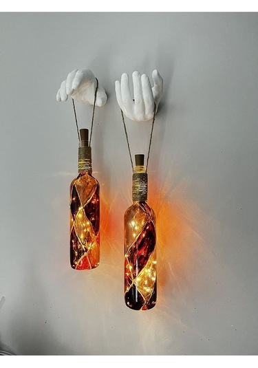 Heykel El Dekorlu Led Işıklı Kahverengi Vitray Cam Şarap Şişesi A Çok Renkli