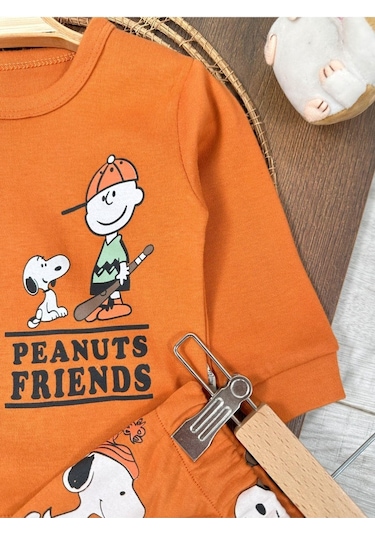 Bisiklet Yaka Peanuts Friends Baskılı Alt Üst Pijama Takımı 4bb2 Kiremit
