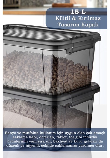 2'li Mega 15l Un Bakliyat Erzak Kabı - Kilitli Kapaklı Banyo Düzenleyici Deterjanlık Saklama Kutusu Siyah