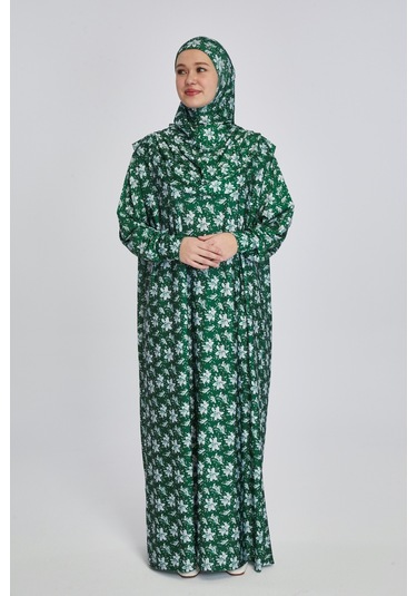 Pratik Tek Parça Manolya Desenli Namaz Elbisesi Zümrüt Zümrüt Yeşili