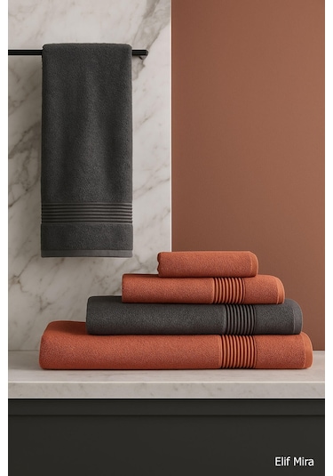 6 Parça Banyo Havlusu Seti Pamuklu 70x140 Cm Serenio Antrasit-kiremit