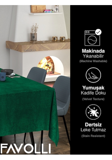 Kadife Dokulu Zümrüt Masa Örtüsü Zümrüt