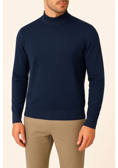 Erkek Yarım Boğaz Triko Kazak Yumuşak Dokulu Pamuklu İnce Dokuma, Uzun Kollu Rahat Regular Kalıp - L Lacivert