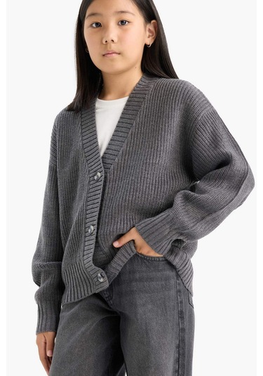 Defacto Kız Çocuk V Yaka Düğmeli Triko Hırka A2298a825auar58 Antrasit