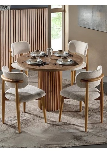 Boho İskandinav Natural Ahşap Masa Sandalye Takımı 90x90 Ceviz