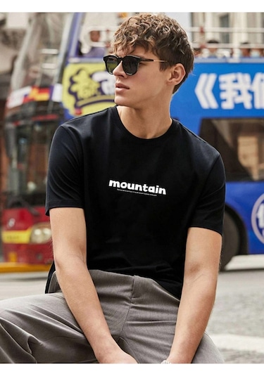Erkek Siyah Oversize Mountain Baskılı T-shirt Siyah