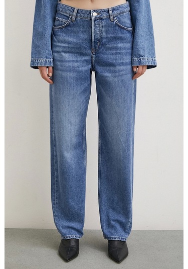 Never More Yüksek Bel Düğme Kapamalı Mom Jean Mavi Mavi