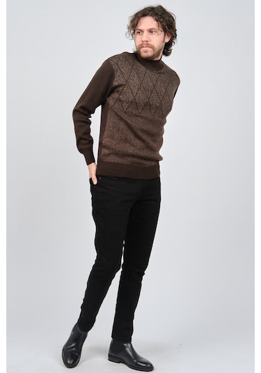 Ateş Triko Erkek Yarım Balıkçı Yaka Desenli Kazak 6091804 Kahvere Kahverengi