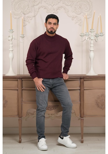 Woolen World Balıkçı Yaka Kalın Yünlü Erkek Triko Kazak Bordo