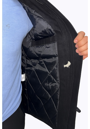 Plus Scorpion Siyah Erkek Gabardin Kapitone Astarlı Kaban Şık, Sıcak Ve Su Geçirmez Siyah