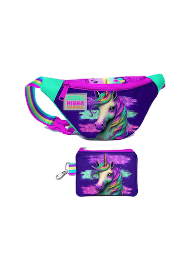 Coral High Kız Çocuk Pembe Su Yeşili Unicorn Desenli Bel Çantası Ve Bozuk Para Cüzdanı Set Çok Renkli
