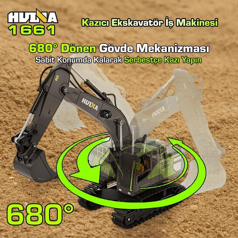 Huına 1661 1/18 13ch Kazıcı Ekskavatör İş Makinesi İnşaat Uzaktan Kumandalı Rc Model Metal Kepçeli - 2.4ghz Gerçekçi Similasyon Ses Ve Işık Sistemi