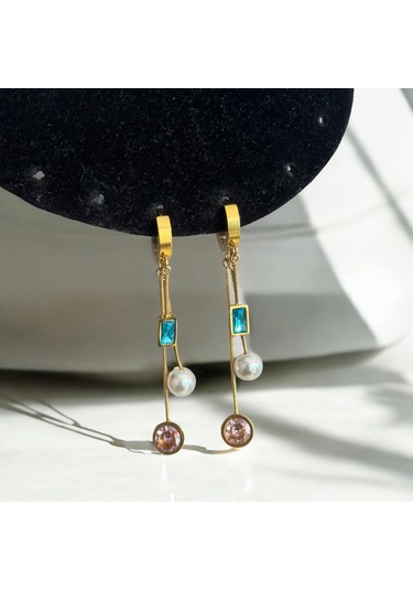 Kırmızı Sanat Evi Pembe Ve Mavi Taşlı Sallantılı Çelik Küpe