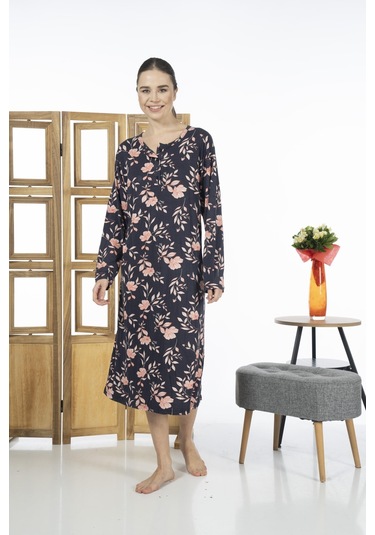 Estiva 23246-2 Üstten Düğmeli Uzun Kollu Desenli Likra Viskon Günlük Elbise 001