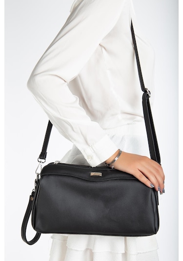 Kadın Portföy Cüzdan Çanta Siyah 3 Bölmeli Uzun Kısa Askılı-3221 Siyah