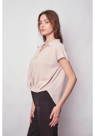 Likrasız Şık Kumaş Yakalı Düşük Omuzlu Önü Pileli Gömlek-bej Bej