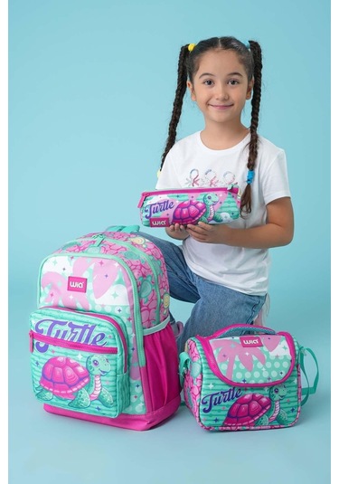 Wia Erkek Çocuk 3'lü Kaplumbağa Temalı Çocuk İlkokul 1.2.3 Ve 4. Sınıf Okul Çanta Seti Yeşil - Pembe