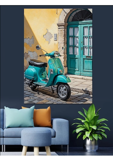 Kapı Önü Yeşil Vespa Dekoratif Kanvas - Mdf Ahşap Tablo