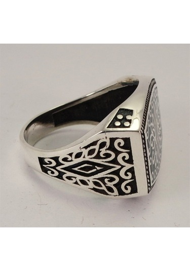 Otantik Selçuklu Motifli Yeşil Mineli Erkek Gümüş Yüzük