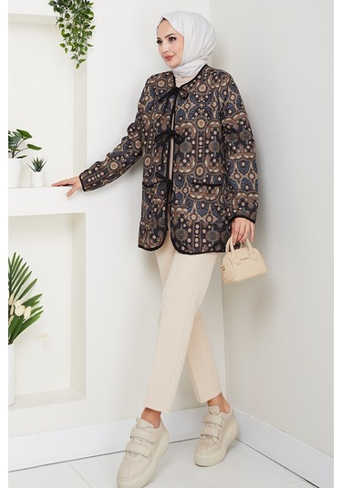 Etnik Desen Bağlamalı Kapitone Ceket 1618 - Siyah Siyah