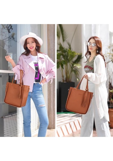 Parçalı Çanta Seti Kadın Pu Deri Omuz Çantası Dört Parça Siyah Diğer