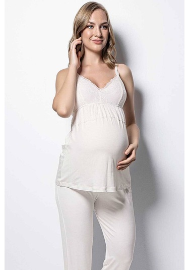 Monamise 18433 Hamile Lohusa Sabahlıklı Pijama Takım - Ekru