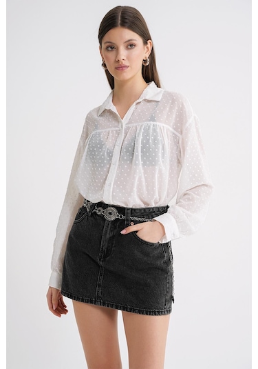 4678 Kadın İnce Desenli Robalı Yazlık Transparan Gömlek Beyaz Beyaz