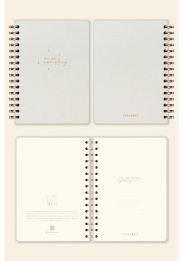 A5 Spiralli Sert Kapak Keten Düz Çizgisiz Tarihsiz Not Defteri Krem Krem