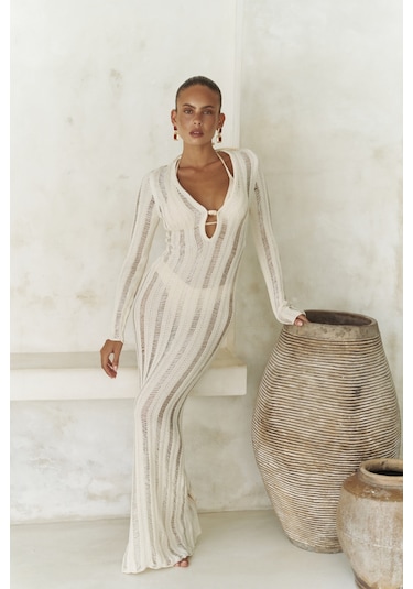 Anandra Boncuk Detay Bej Triko Uzun Elbise Bej