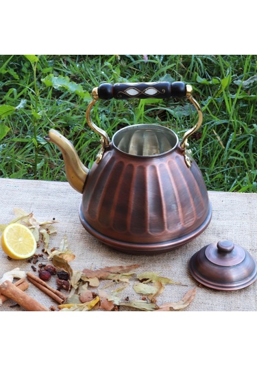 Tekli Dilimli Oksitli Ihlamur Bakır Çaydanlık 3 Lt Bakır