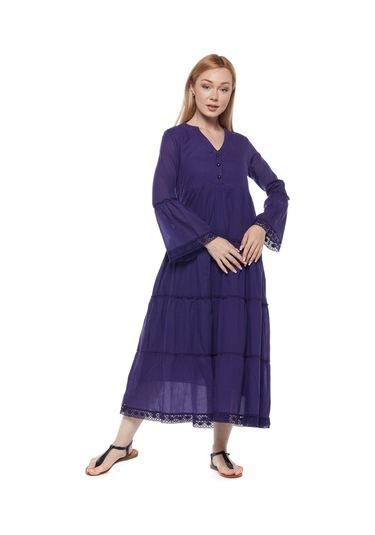 Uzun Kollu Mor Düğmeli Vual Yazlık Uzun Elbise