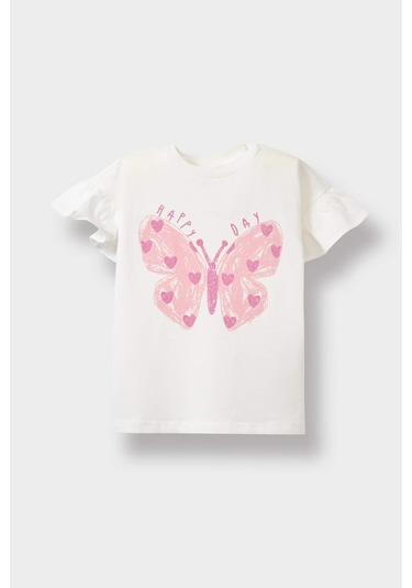 Defacto Kız Bebek Bisiklet Yaka Kelebek Baskılı Kısa Kollu Tişört E0697a525smer105 Ekru