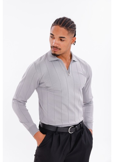 Monox Erkek Yarım Fermuarlı Polo Yaka Triko Kazak Gri