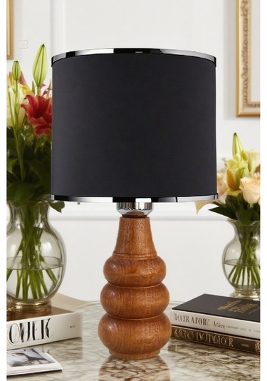 Sina Masa Abajuru Ahşap Gövde Kumaş Başlık Dekoratif Masa Lambası Gece Lambası Gümüş