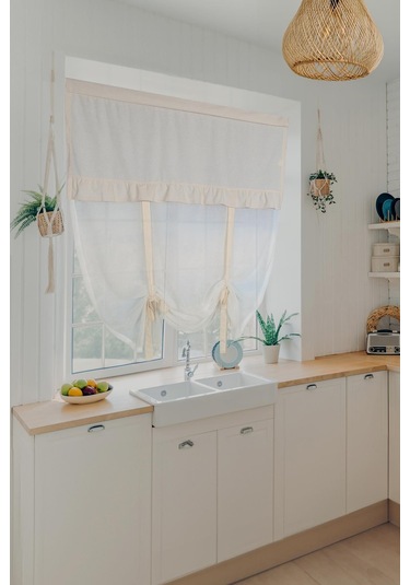 Naturel Potlu Tül Perde Retro Krem Fırfırlı Krem