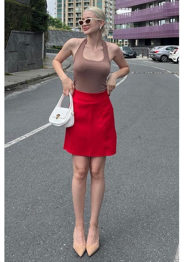 Madmext Kırmızı Yüksek Bel Önden Yırtmaçlı Kısa Etek Mg2086 Kırmızı