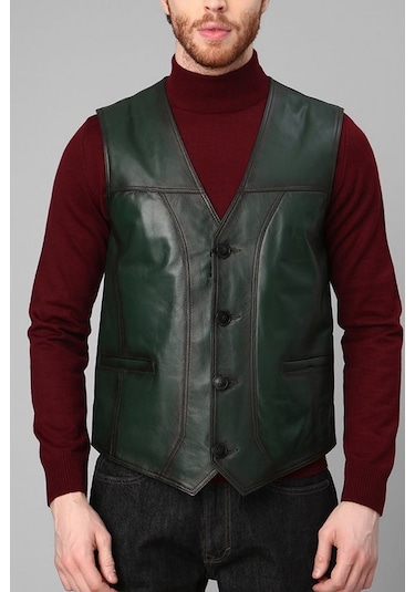 Dericlub 2145 Gerçek Deri Erkek Yelek Yeşil