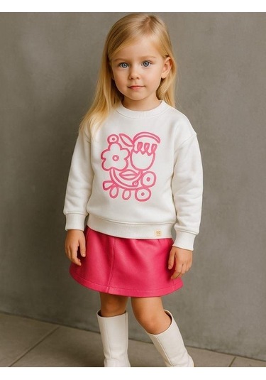 Kız Çocuk Pamuklu Çiçek Desenli Sweatshirt-16337 Ekru