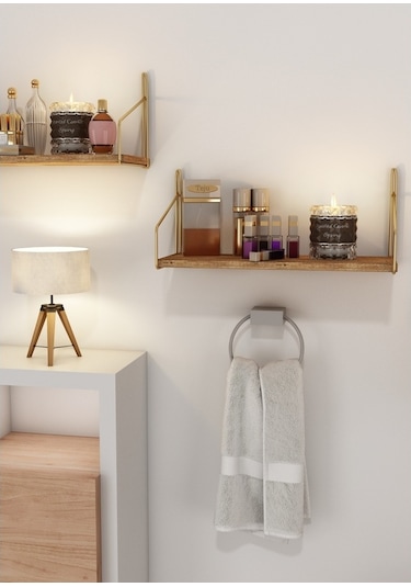 Bino Duvar Rafı Masif Ağaç Altın Gold Paslanmaz Dekoratif Mutfak Banyo Altın Raf Kitaplık 2 Li Set