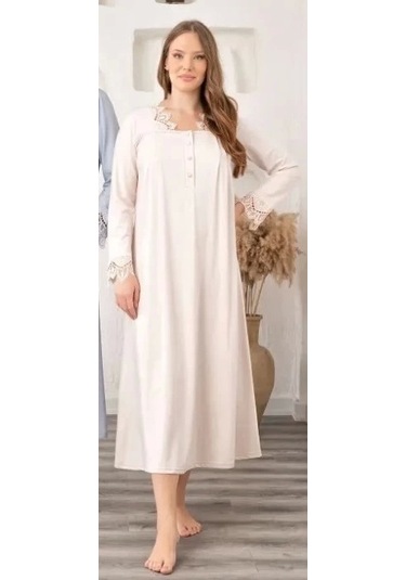 Bone 5911 Kadın Lohusa Müslim Yaka Gecelik Bej