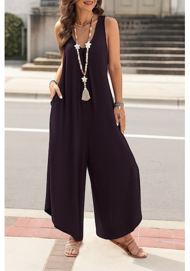 Soonaksesuar Kadın Askılı Yuvarlak Yaka Cepli Salaş Uzun Viskon Tulum Mürdüm