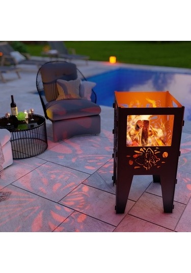 Kelebek Desenli Dekoratif Kare Mangal Portatif Ateş Çukuru Siyah