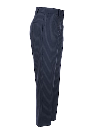 Unique Mode Minimalist Çizgili Midi Kadın Pantolon - Yüksek Bel Lacivert
