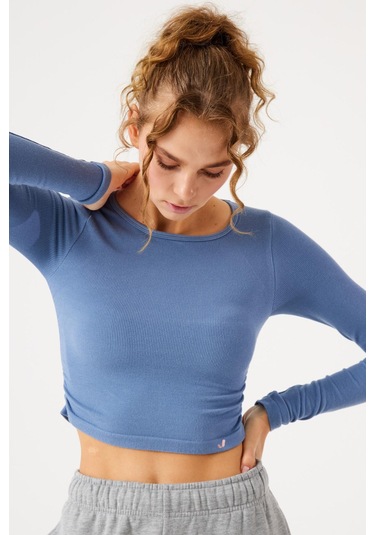 Aura Uzun Kol Büzgülü T-shirt Mavi Mavi