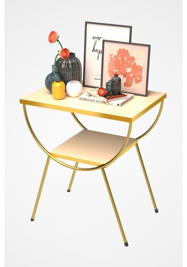 Yan Sehpa Komodin Metal Ayak Gold Krem Krem