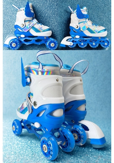 Melek Kanatlı Işıklı Çocuk Pateni Silikon Teker Ayarlanabilir Paten Taşıma Çantalı Mavi Mavi