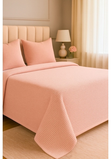 Renkli Gofret Desen Tek Kişilik Yatak Örtüsü Otel Pike 160x230 Cm Pudra Pudra