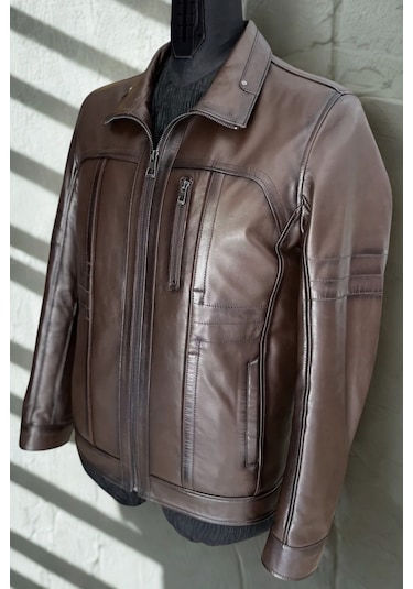 Derije Mateo Hakiki Deri Erkek Kestane Karartma Ceket - Mont